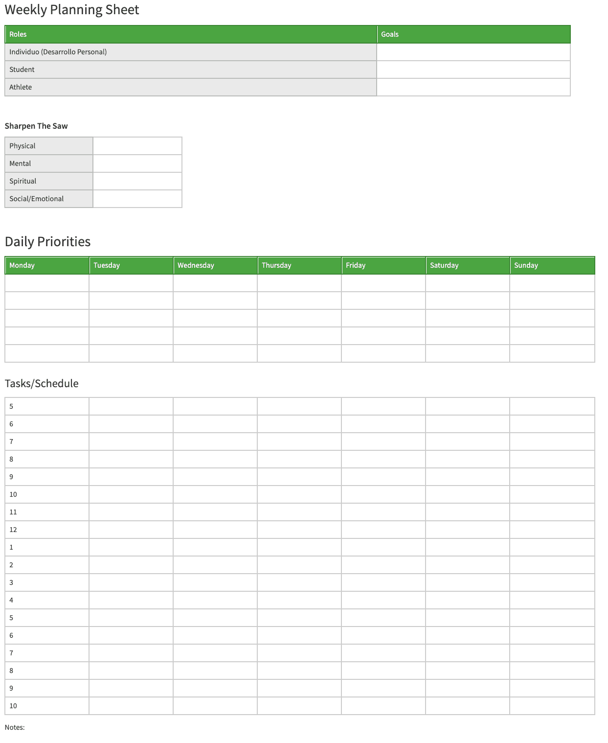 A preview of the weekly planning sheet template