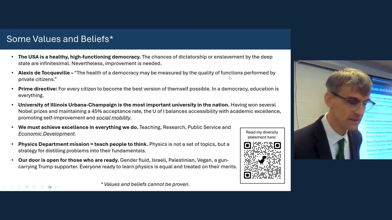 Peter Abbamonte presenting his values and beliefs for Illinois Physics