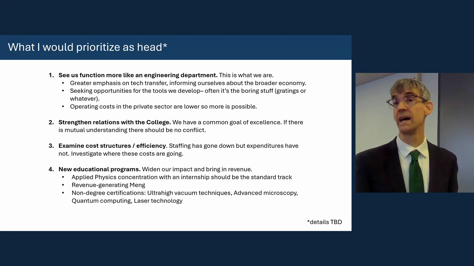 Peter Abbamonte presenting his first set of priorities as head