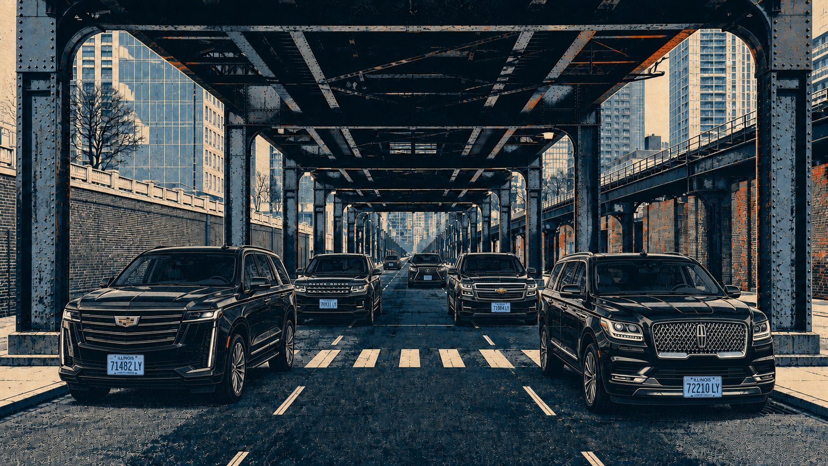 Seven black livery SUVs with blue Illinois LY plates filling the street