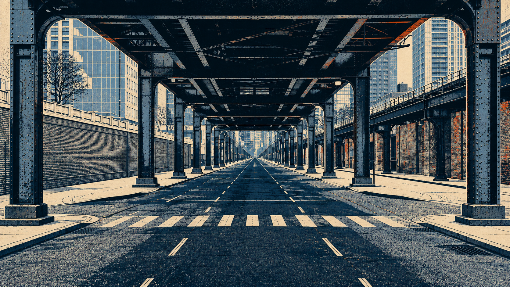 An illustrated Chicago street beneath elevated train tracks